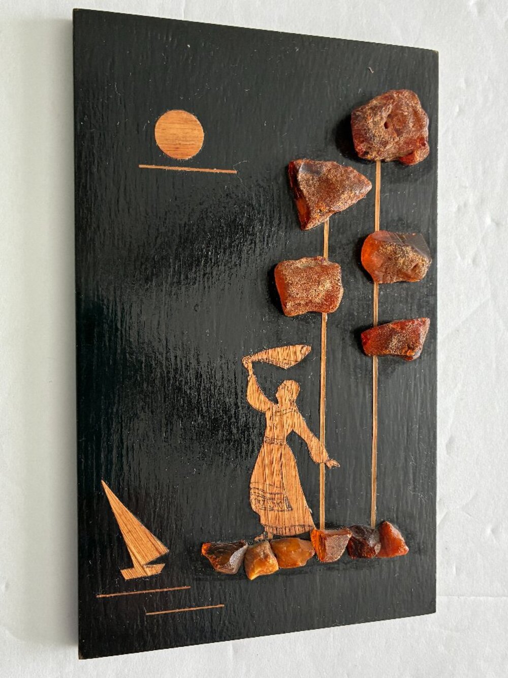 Lithuanian Wooden Art Plaque - with Ambeer and Straw - Vintage